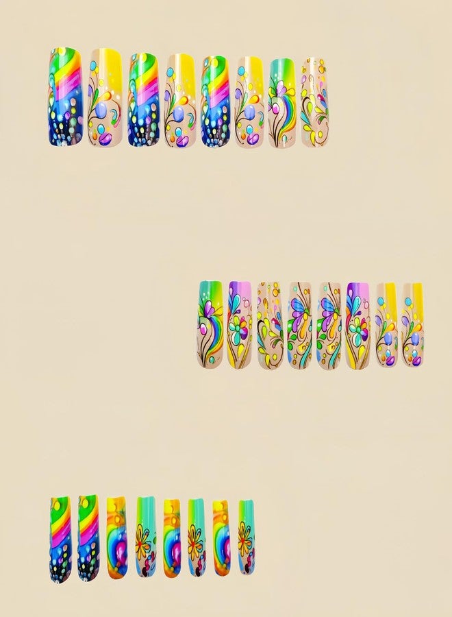 TBRZTR Press on Nails Medium Square Nails Gradient Acrylic Nails Colorful Stripe Design Artificial Nails Flower Smudge False Nails Full Cover Glossy Glue on Nails 24Pcs Stick on Nails for Women - Image 2